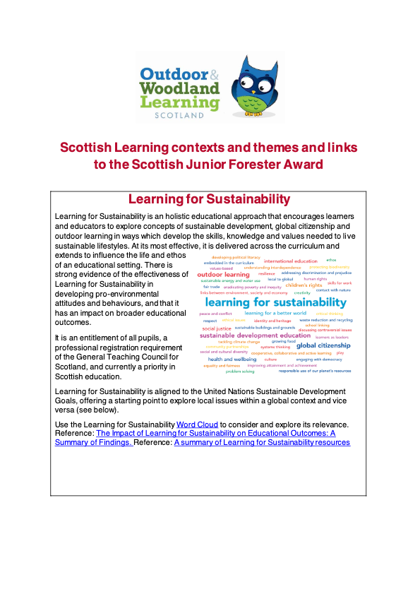 Scottish Learning contexts and themes and links<br>to the Scottish Junior Forester Award